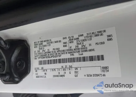 2018 Ford F-150 Platinum z USA, uszkodzony, nr VIN 1FTEW1E52JFD23737